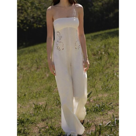 NWT Zara Embroidered Jumpsuit Strapless Wide Leg Blogger Favorite White Size XXL - Picture 1 of 10